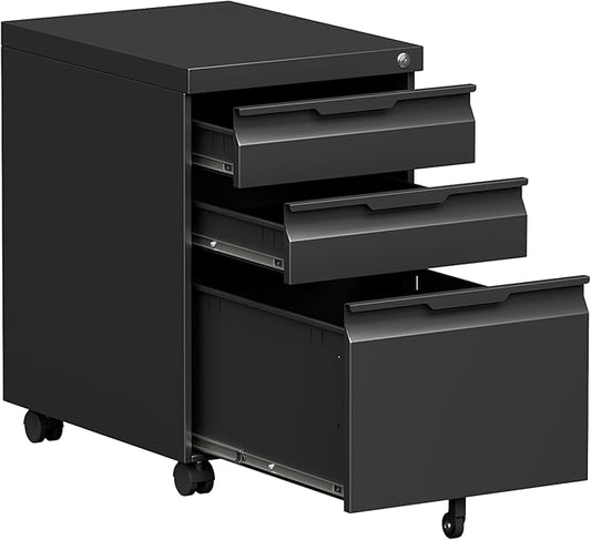 Bestoo 3-Drawer Mobile File Cabinet with Lock, Metal Filing Cabinet on Wheels for Home Office Under Desk, Fits File Folders, Letter/Legal/F4/A4 Size, Assembly Required (Black)