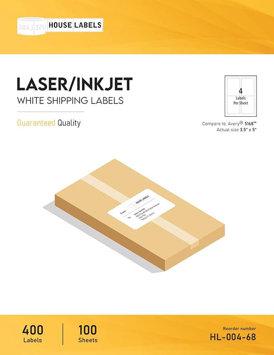 HOUSELABELS 4-up Shipping Labels (3-1/2" x 5") for Laser and Inkjet Printers, 25 Sheets