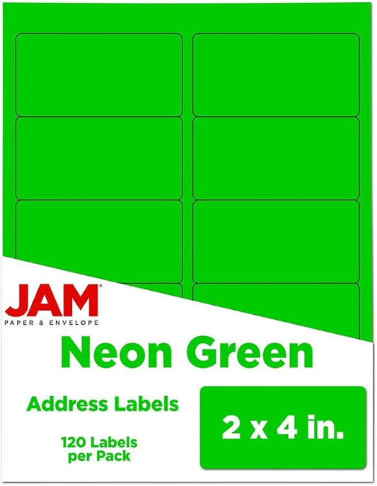 JAM PAPER Shipping Address Labels - Standard Mailing - 2 x 4 - Neon Fluorescent Green - 120/Pack