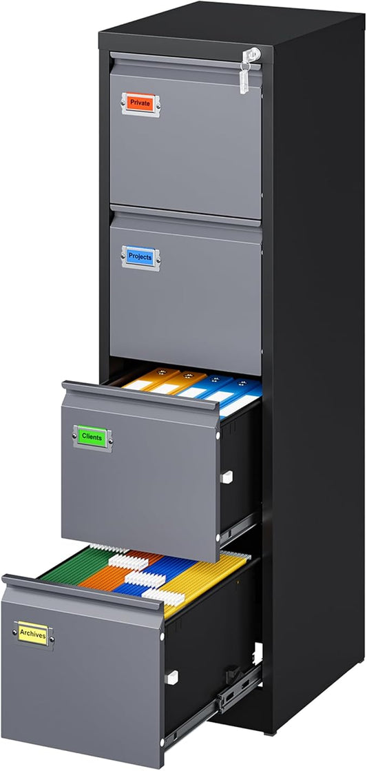 PEUKC 4 Drawer File Cabinet, Vertical Filing Cabinets with Lock, Metal File Cabinets for Home Office, Anti-Tip 4 Storage Drawers for Letter/Legal/A4/F4 Size (Assemble Required, Black)