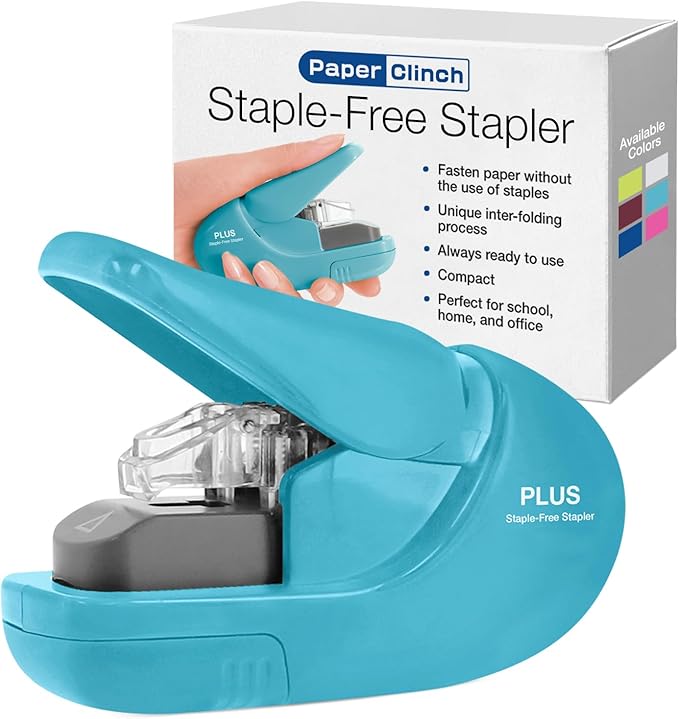 Plus Paper Clinch Compact Staple-Free Stapler — Blue Turquoise
