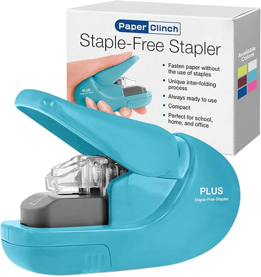Plus Paper Clinch Compact Staple-Free Stapler — Blue Turquoise