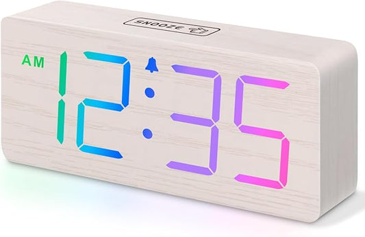 DreamSky Wooden Digital Clock for Bedroom Desk - RGB Loud Alarm Clock for Heavy Sleepers with Volume Control, Large Numbers with Dimmer for Living Room Office, Wood Decor (Plug in Clock)
