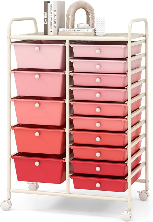 COSTWAY 15 Drawers Storage Cart, Multipurpose Rolling Utility Cart on Wheels w/Lockable Wheels & Removable Drawers, Mobile Tools Scrapbook Paper Organizer Cart for Office School Home, Mixed Pink