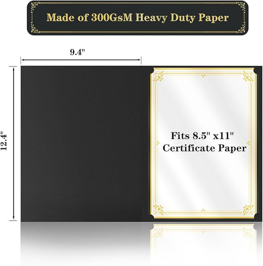 15 Pcs Certificate Holders 8.5 x 11 Additional 15 Pcs Plastic Film, Diploma Covers Gold Foil Border Certificate Holder for Letter Size 8.5x11 Cardstock,Certificates,Document Papers (Black, 15 Sets)