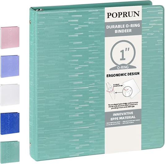POPRUN 3 Ring Binder 1 Inch (Green, 8.5x11)