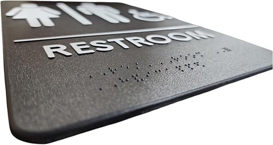 USA Made - Men's and Women's Restroom Signs ADA-Compliant Bathroom Door Signs for Offices, Businesses, and Restaurants, Black, Blue, Grey and Taupe/Tan Colors (Black Uni)