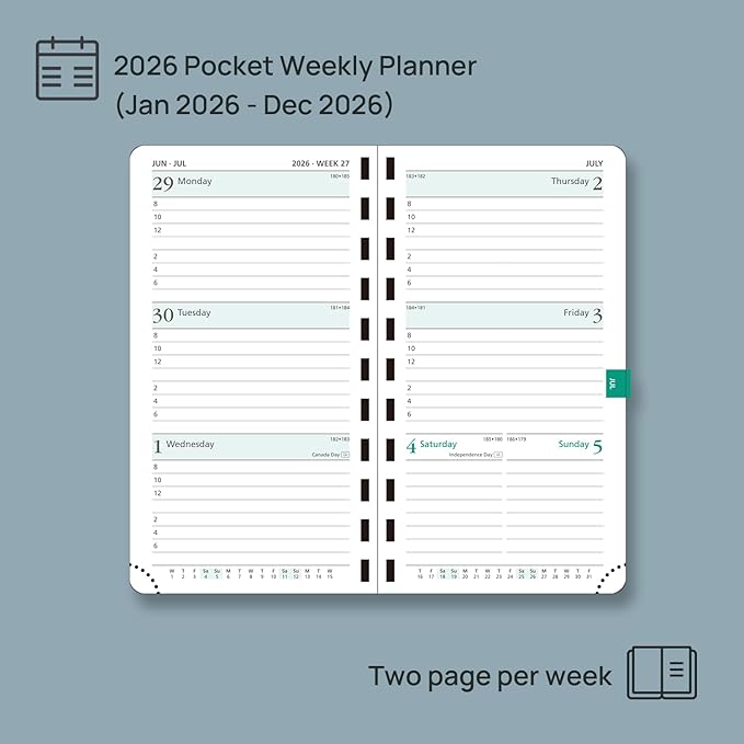 POPRUN 2026 Pocket Planner (Slim Size 3.5" x 6.5") Weekly... (Sky Blue)