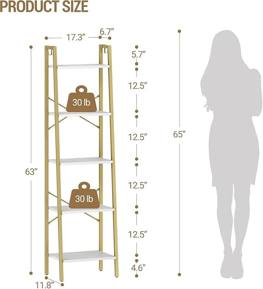 Hzuaneri Ladder Shelf, Bookshelf Bookcase, Freestanding Corner Storage Shelve with 2 Hooks for Home Office, Living Room, Kitchen, Bedroom, Industrial, 11.8" D x 17.3" W x 63" H, White Gold BC19213G