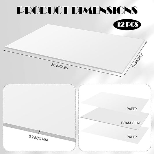 Elcoho 12 Pack White Foam Board, 24 x 36 Inch Acid-Free Foam Core Board, 5mm Thick Double Sided White Poster Boards for Presentation Art Display Office School Projects Crafting Sign Making
