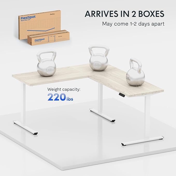 FLEXISPOT L Shaped Standing Desk, 63 x 55 Inch Electric Height Adjustable Corner Desk, Sit Stand Computer Workstation, Preset Controller, Home Office, White Frame with Maple Top