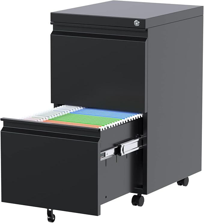 METAN 2 Drawer File Cabinet with Lock, Mobile Under Desk Filing Cabinet for Office Legal/Letter Size, Fully Assembled Except Wheels,Black