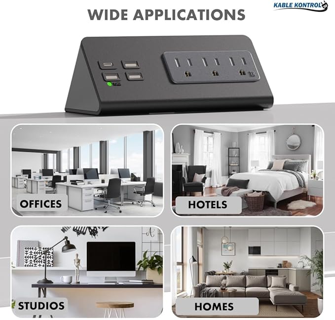 Kable Kontrol Desk Clamp Power Strip with USB-C Port, Nightstand Charging Station, 3 AC Outlets, 3 USB-A Ports, Fast Charger, Easy Installation for Home, Offices, Hotels – 4.9 Ft, Black, 100 Pcs