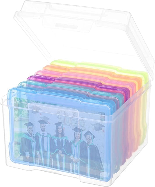 COSICS Photo Storage Box 4" x 6", Extra Large Transparent Plastic Photo Organizer Craft Keeper with 6 Colorful Inner Case for Cards, Pictures, Stamps, Stickers, Seeds, Office Supplies