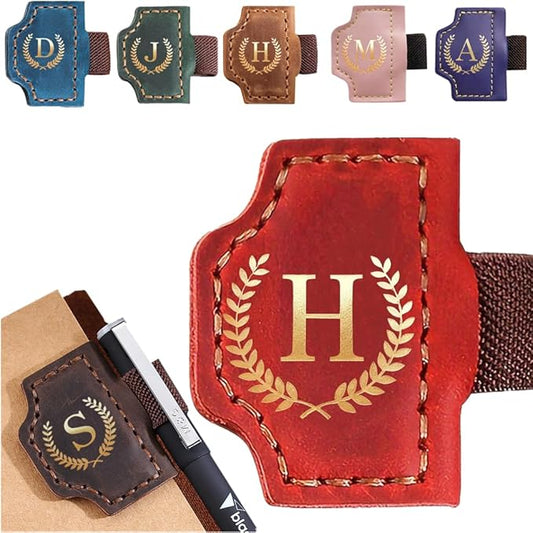 Personalized Mark Bookmark with Pen Holder, Leather Magnetic Book Marker 26 Letters,Custom Initials Page Marks, Gifts for Book Lovers Readers Men Women (Red, H)