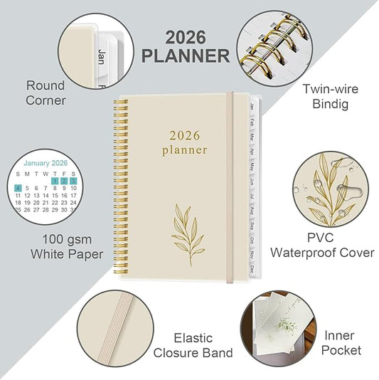 2026 Planner - Planner 2026 from January 2026 to December 2026 with 12 Monthly Tabs, Flexible Cover, Inner Pocket, 8.5" x 11", Beige