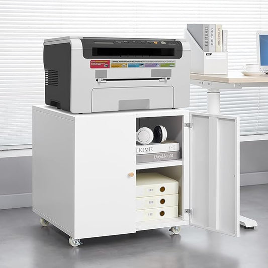 Zateety Metal Printer Stand with Storage Mobile Printer Tables for Small Spaces with Door Adjustable Shelf File Cabinet on Wheels for Home Office