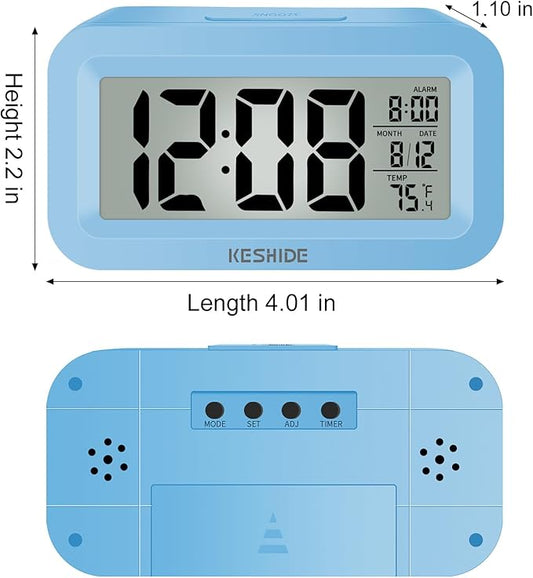KESHIDE Travel Digital Alarm Clock Battery Operated with Indoor Temperature, Desk Small Clock,Snooze Model,12/24H Display for Bedrooms Heavy Sleepers Kids Travel Bathroom (Black)