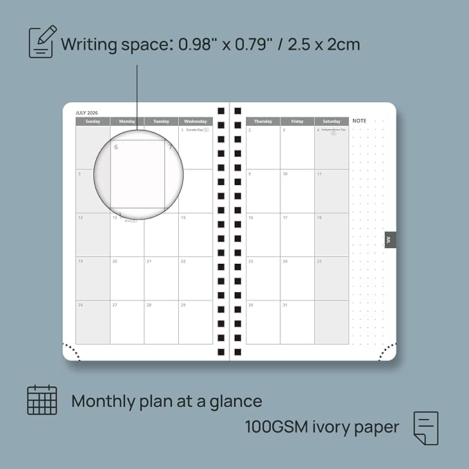 POPRUN Pocket 2026 Planner (Small Size- 4'' x 6.25'') Weekly and Monthly for Purse - Calendar 2026 (Jan. 2026 - Dec.2026) with Soft Cover, Plastic Ruler - Brown