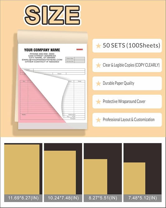 Custom Carbonless Invoice Book with Logo, Personalized Cover & Inner Pages, 2 Part NCR Receipt & Work Order Forms, Easy Tear, Writing Shield for Small Business (2-Part [White/Red], 7.48 x 5.12INCH)