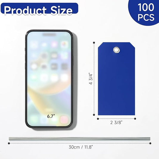 100 Pieces Plastic Shipping Tags with Wires Blank Labeling Tags Waterproof Hang Tags with Reinforcement Hole Durable Wire Tags Labels Stacking Tags for Equipment Parts (Dark Blue, 4 3/4" x 2 3/8")