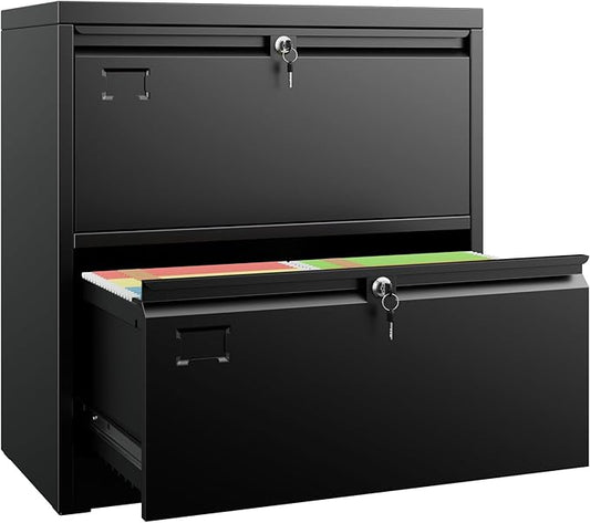 SUXXAN Metal 2 Drawer Lateral File Cabinet with Lock - Wide Filing Cabinet for Letter/Legal/F4/A4 Hanging Files - Includes Business Card Holder,Home Office School Storage,Black