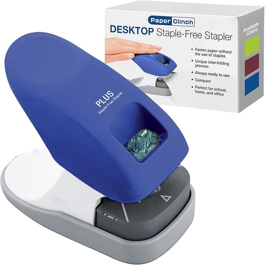 Plus Paper Clinch Desktop Staple-Free Stapler — Blue