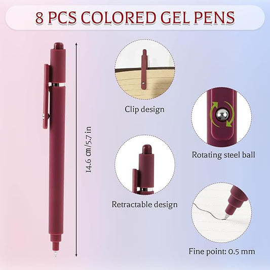 Thboxes 8Pcs Gel Pens for Journaling, 0.5mm Fine Tip Retractable Colorful Pens - Smooth Writing for Note Taking, Office & School Supplies, Valentine's Day Gifts for Women Teachers Kids