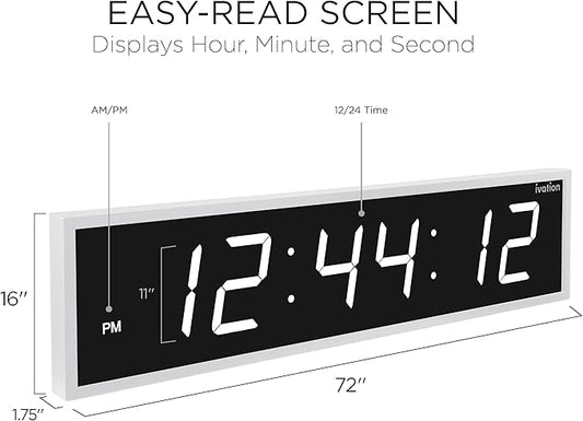 Ivation Huge Oversized 72" Large Digital LED Clock | Big Digital Clock w/Multi-Function Display – Stopwatch, Timer, Alarms, Temp & Date | 6 Brightness Levels, Time Memory & Remote (White)