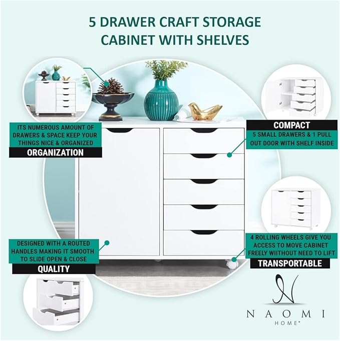 Naomi Home Amy 5-Drawer Craft & Office Storage Cabinet with Shelf, – Mobile Under Desk Unit with Lockable Wheels, Adjustable for Printers & Supplies, 15.7" D x 18.9" W x 32.2" H