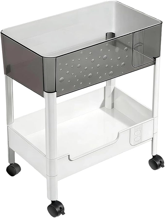 LiWNYRK 2 Tier Rolling Cart with Wheels for Under Desk Storage, Heavy Duty Plastic Short Small Utility Cart for Small Space Pantry Room Kitchen Laundry Bathroom, 4.7'' Deep Baskets for Tall Bottles