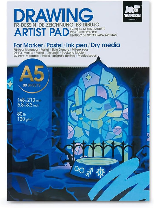 TRANSON Artist Mix Media Sketchbook Marker Pad, 5.8”x8.3” 80 Sheets A5 Art Papers, 80lb/120gsm for Painting, Drawing and Sketching