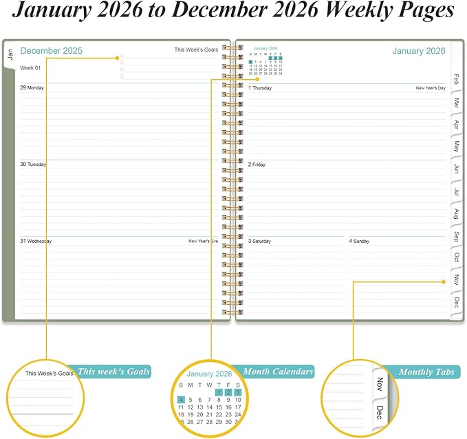 2026 Planner - Planner 2026 from January 2026 to December 2026 with 12 Monthly Tabs, Flexible Cover, Inner Pocket, 8.5" x 11", Green-A