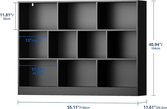 Cozy Castle Black Bookshelf, 3-Tier Open Shelf Bookcase, 10 Cube Storage Organizer with Anti-Tilt Device for Bedroom, Living Room, 55.11" W x 11.61“D x 40.94“H