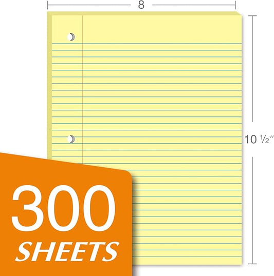 KAISA Loose Leaf Notebook Paper, College Ruled, 300 Sheets Per Lined Paper, 8" x 10.5", 3 Hole Punched for 3 Ring Binder, Canary, Made In USA