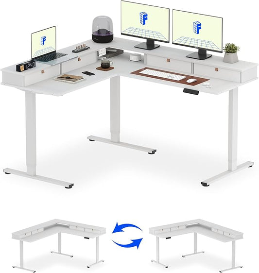FLEXISPOT 63" L Shaped Standing Desk with Shelf Electric Corner... (White, 63x..