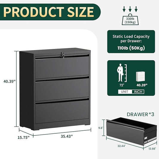 3 Drawer Lateral File Cabinet with Lock, Metal File Cabinets for Home Office, Office Furniture for Organization Hanging Legal/Letter/A4, Metal Filing Cabinet Storage Cabinet, Require Assembly, Black