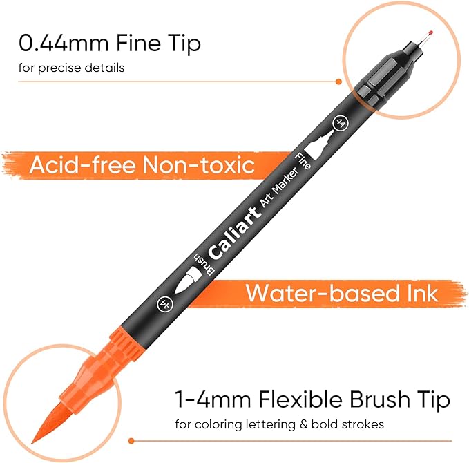 Caliart 72 Colors Double Tip Brush Pens Art Markers, Artist Fine & Brush Pen Coloring Markers for Adult Book Cards Drawing Craft Kit Teacher Office Supplies