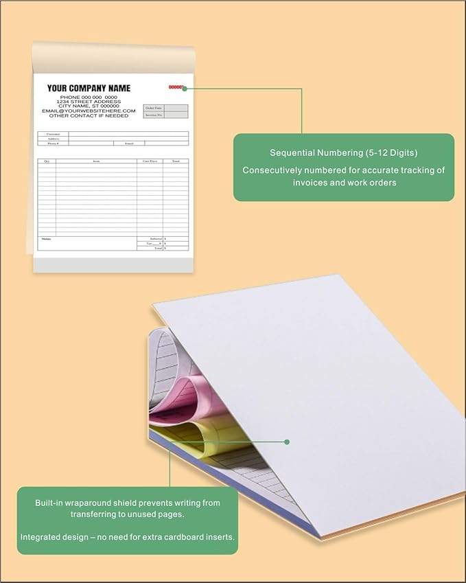 Custom Carbonless Invoice Book with Logo, Personalized Cover & Inner Pages, 2 Part NCR Receipt & Work Order Forms, Easy Tear, Writing Shield for Small Business (2-part [White/Yellow], 7.48 x 5.12INCH)