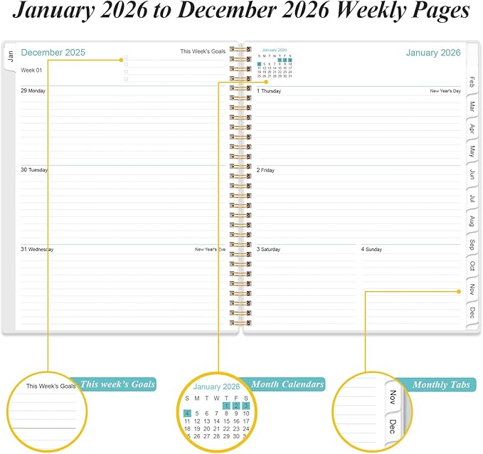 2026 Planner - Planner 2026 from January 2026 to December 2026 with 12 Monthly Tabs, Flexible Cover, Inner Pocket, 8.5" x 11", Blue Watercolor