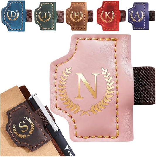 Personalized Mark Bookmark with Pen Holder, Leather Magnetic Book Marker 26 Letters,Custom Initials Page Marks, Gifts for Book Lovers Readers Men Women (Pink, N)
