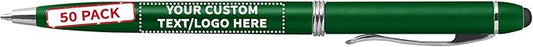 DISCOUNT PROMOS Custom Twist Action Plastic Stylus Pens, Set of 50, Personalized Bulk Pack - Pens for Work, Cool Pens for Writing, Black Ink - Green