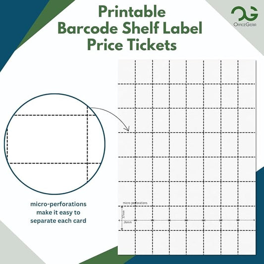 OfficeGear Shelf Edge Barcode Price Ticket Labels 64-up [25 Sheets - 1600 Pack] 37x26mm Custom Printable A4 Card Micro Perforated Non-Adhesive Merchandise Tag with Free Downloadable Design Template