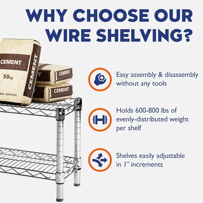 Shelving Inc. 8" d x 24" w Chrome Wire Shelving with 3 Tier Shelves, Weight Capacity 800lbs Per Shelf