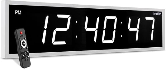 Ivation Huge Oversized 72" Large Digital LED Clock | Big Digital Clock w/Multi-Function Display – Stopwatch, Timer, Alarms, Temp & Date | 6 Brightness Levels, Time Memory & Remote (White)