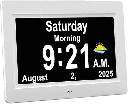 SSYA Dementia Clocks with Day and Date for Seniors,13 Alarms Custom Reminders, Extra Large Digital Calendar Clock for Elderly. (White)