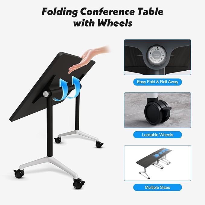 Goakwwuz Conference Room Table, Folding Conference Tables,Thicken Grey Tabletop,Flip Top Wooden Seminar Meeting Room Table for Conference Room Offices (10, Grey, 70.8”)