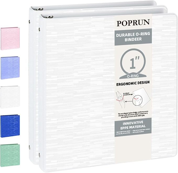 POPRUN 3 Ring Binder 1 Inch, PVC-Free, Holds 175 Sheets of 8.5 x 11 Paper, Extra Durable Organizer with 2 Pockets for School & Office, Heavy-Duty, 2 Pack, White