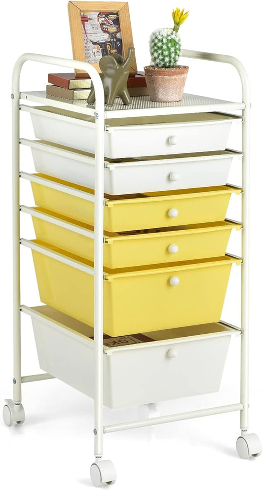 RELAX4LIFE 6-Drawer Rolling Storage Cart - Classroom Organization on Wheels w/Removable Plastic Drawers, Mobile Art Craft Cart for School Paper Home Office, Utility Cart with Drawers (Yellow)