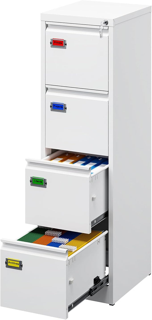 PEUKC 4-Drawer File Cabinet, 16.3" Deep Vertical Filing Cabinet with Lock, Metal File Cabinet for Home Office, Anti-Tip 4 Storage Drawers for Letter/Legal/A4/F4 Size (Assemble Required, White)